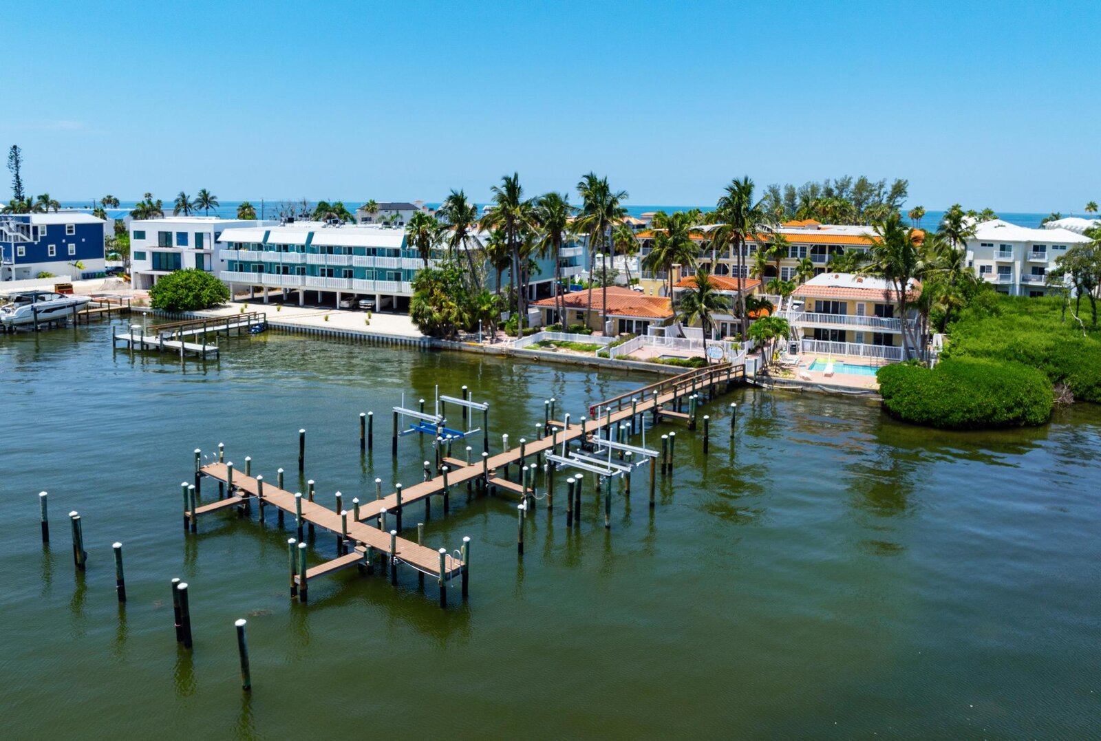 Aerial view of Tortuga Inn dock and marina on Sarasota Bay